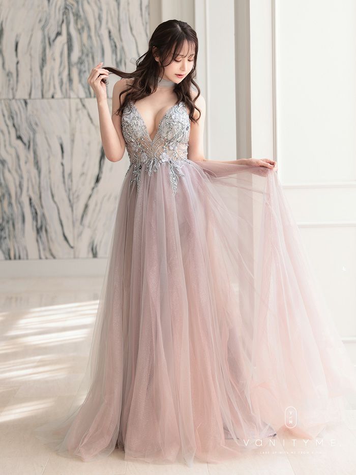 【2点セット】vanityME.couture. バニティミークチュール クリスタルビジュー フラワーモチーフ ショール付き ピンクグラデーション ラメチュール プリンセス 姫 ロングドレス バースデードレス スモーキーブルー vctr-l-a0850