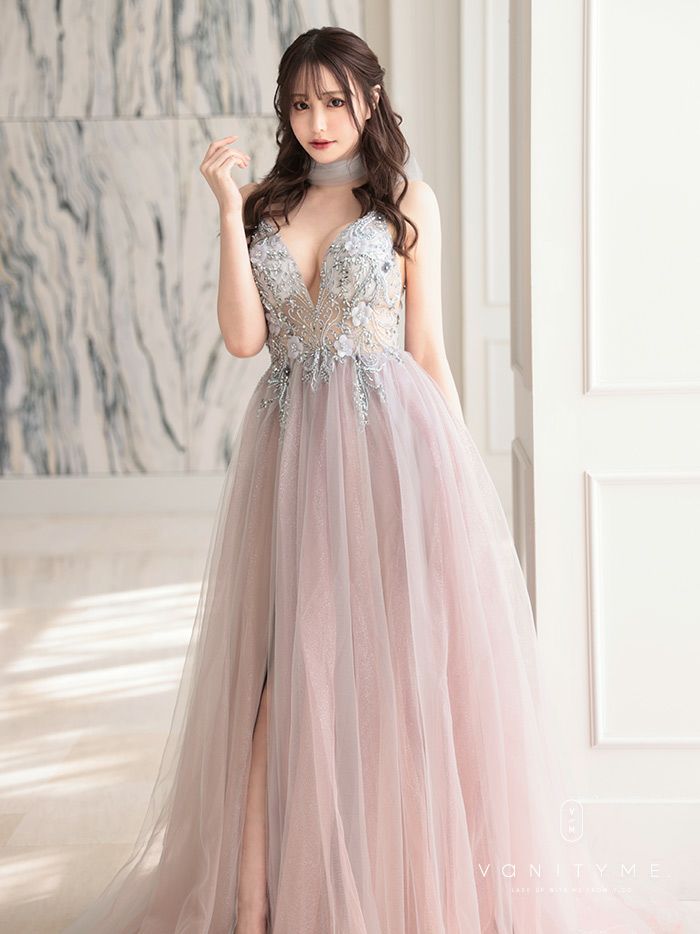 【2点セット】vanityME.couture. バニティミークチュール クリスタルビジュー フラワーモチーフ ショール付き ピンクグラデーション ラメチュール プリンセス 姫 ロングドレス バースデードレス スモーキーブルー vctr-l-a0850