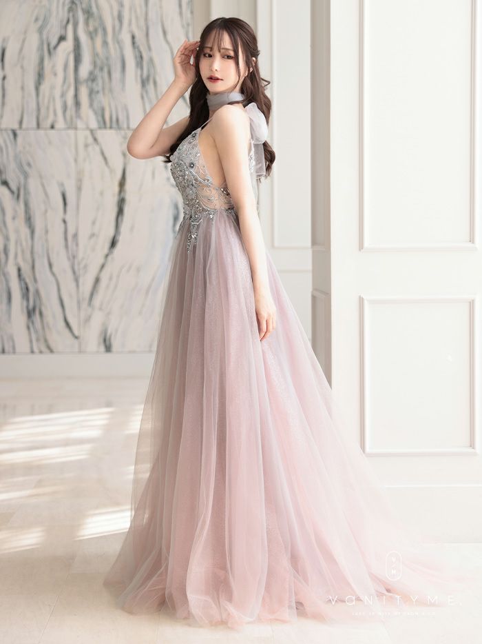 【2点セット】vanityME.couture. バニティミークチュール クリスタルビジュー フラワーモチーフ ショール付き ピンクグラデーション ラメチュール プリンセス 姫 ロングドレス バースデードレス スモーキーブルー vctr-l-a0850