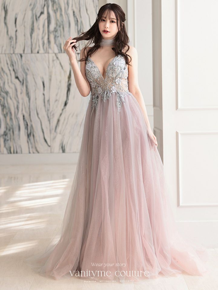 【2点セット】vanityME.couture. バニティミークチュール クリスタルビジュー フラワーモチーフ ショール付き ピンクグラデーション ラメチュール プリンセス 姫 ロングドレス バースデードレス スモーキーブルー vctr-l-a0850