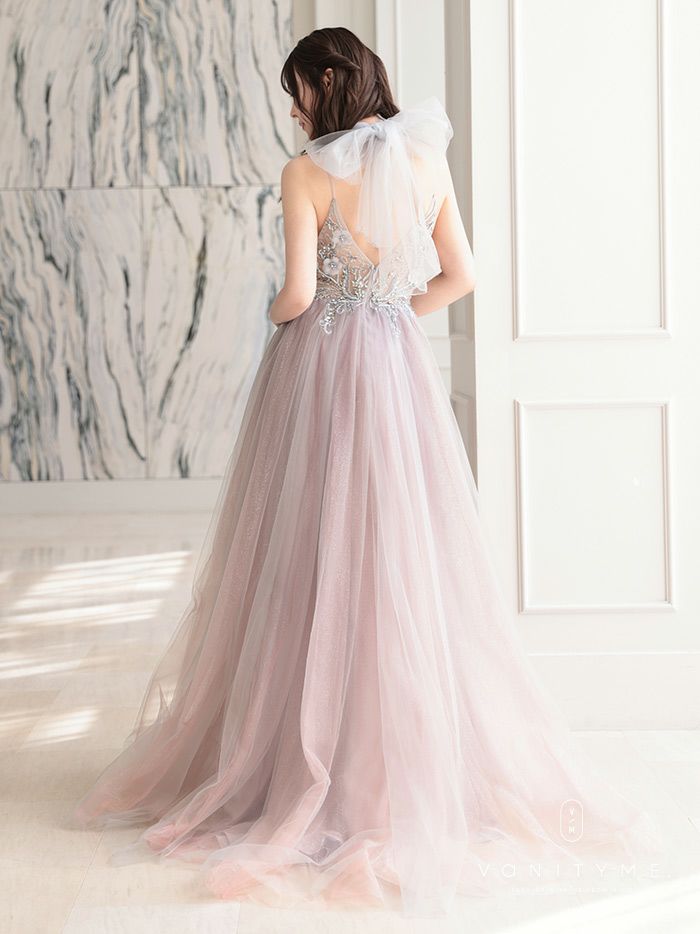 【2点セット】vanityME.couture. バニティミークチュール クリスタルビジュー フラワーモチーフ ショール付き ピンクグラデーション ラメチュール プリンセス 姫 ロングドレス バースデードレス スモーキーブルー vctr-l-a0850