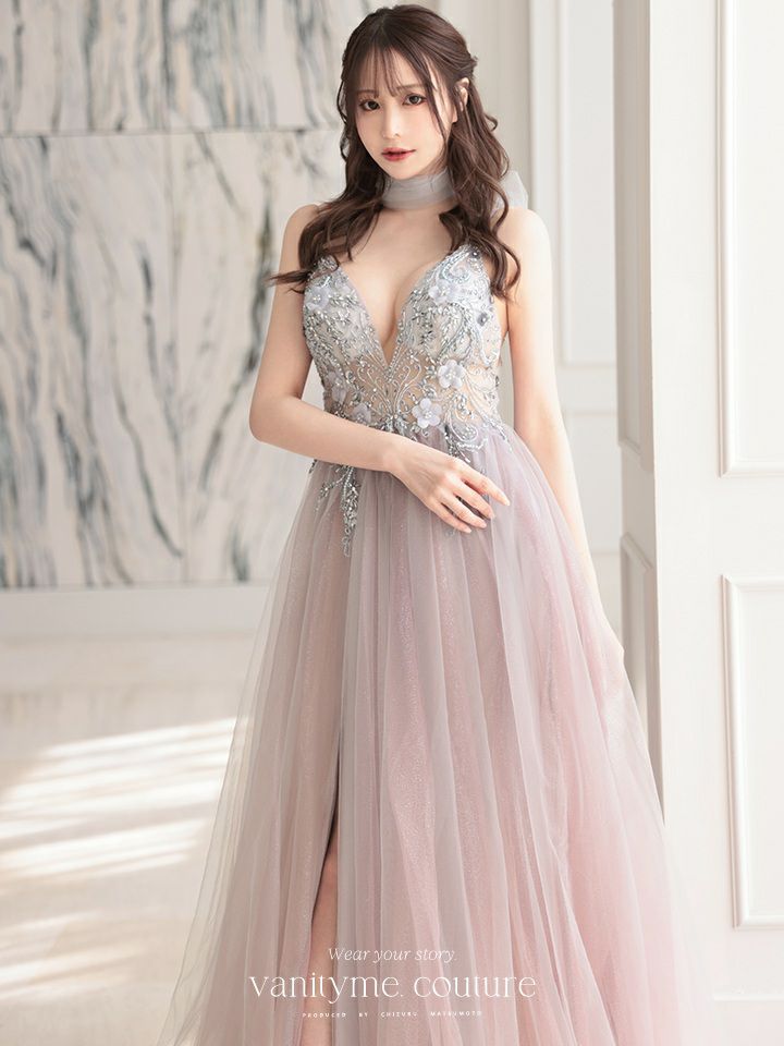 【2点セット】vanityME.couture. バニティミークチュール クリスタルビジュー フラワーモチーフ ショール付き ピンクグラデーション ラメチュール プリンセス 姫 ロングドレス バースデードレス スモーキーブルー vctr-l-a0850