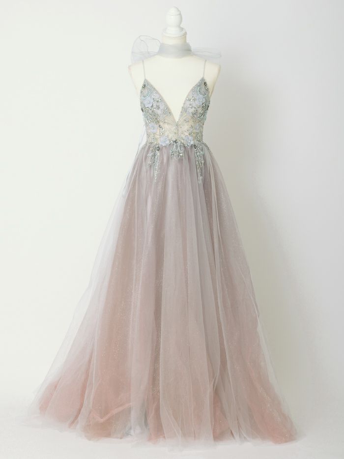 【2点セット】vanityME.couture. バニティミークチュール クリスタルビジュー フラワーモチーフ ショール付き ピンクグラデーション ラメチュール プリンセス 姫 ロングドレス バースデードレス スモーキーブルー vctr-l-a0850
