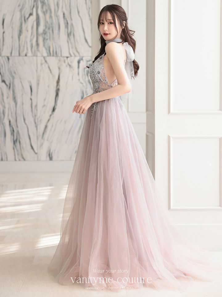 【2点セット】vanityME.couture. バニティミークチュール クリスタルビジュー フラワーモチーフ ショール付き ピンクグラデーション ラメチュール プリンセス 姫 ロングドレス バースデードレス スモーキーブルー vctr-l-a0850