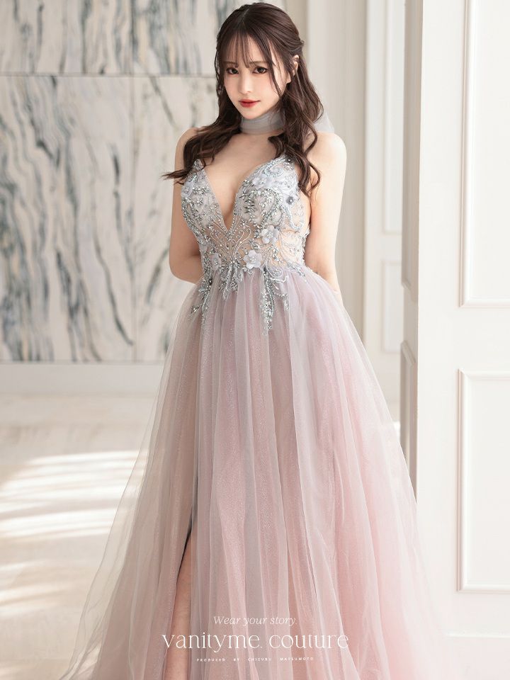 【2点セット】vanityME.couture. バニティミークチュール クリスタルビジュー フラワーモチーフ ショール付き ピンクグラデーション ラメチュール プリンセス 姫 ロングドレス バースデードレス スモーキーブルー vctr-l-a0850