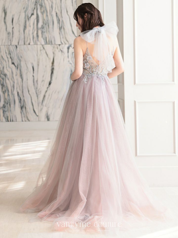 【2点セット】vanityME.couture. バニティミークチュール クリスタルビジュー フラワーモチーフ ショール付き ピンクグラデーション ラメチュール プリンセス 姫 ロングドレス バースデードレス スモーキーブルー vctr-l-a0850