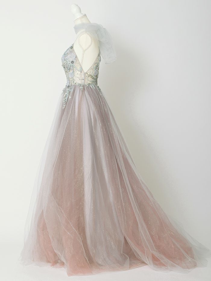 【2点セット】vanityME.couture. バニティミークチュール クリスタルビジュー フラワーモチーフ ショール付き ピンクグラデーション ラメチュール プリンセス 姫 ロングドレス バースデードレス スモーキーブルー vctr-l-a0850