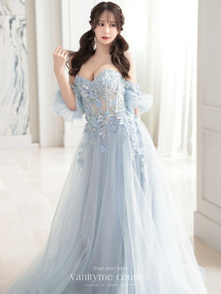 vanityME.couture. バニティミークチュール パフスリーブ フラワー×バタフライモチーフ スパンコール刺繍 プリンセス 姫 ロングドレス バースデードレス パリブルー vctr-l-a1108