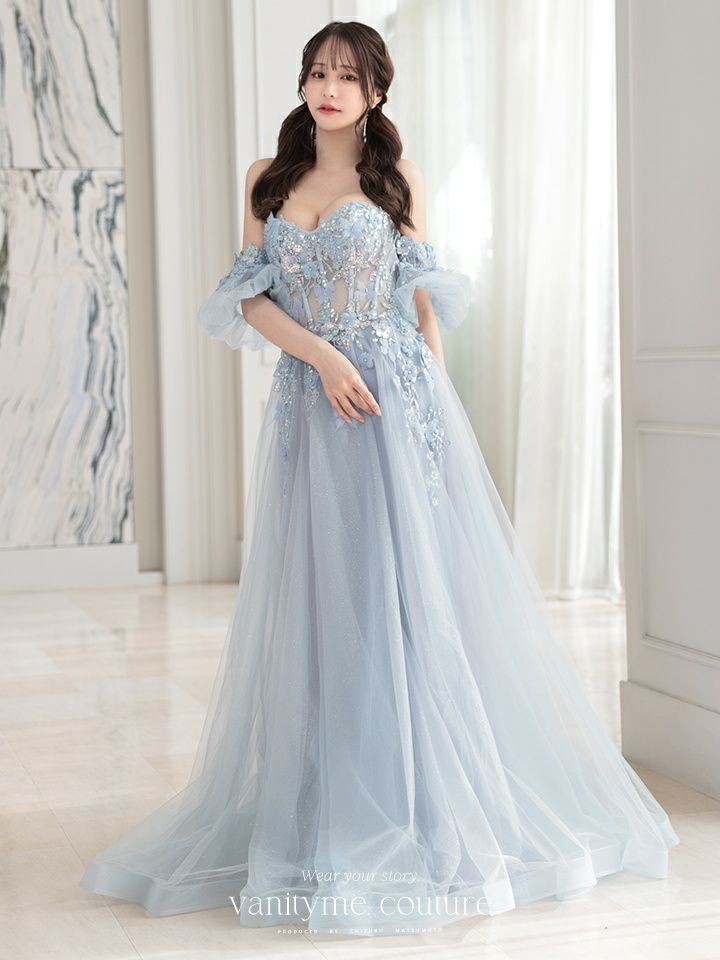 vanityME.couture. バニティミークチュール パフスリーブ フラワー×バタフライモチーフ スパンコール刺繍 プリンセス 姫 ロングドレス バースデードレス パリブルー vctr-l-a1108