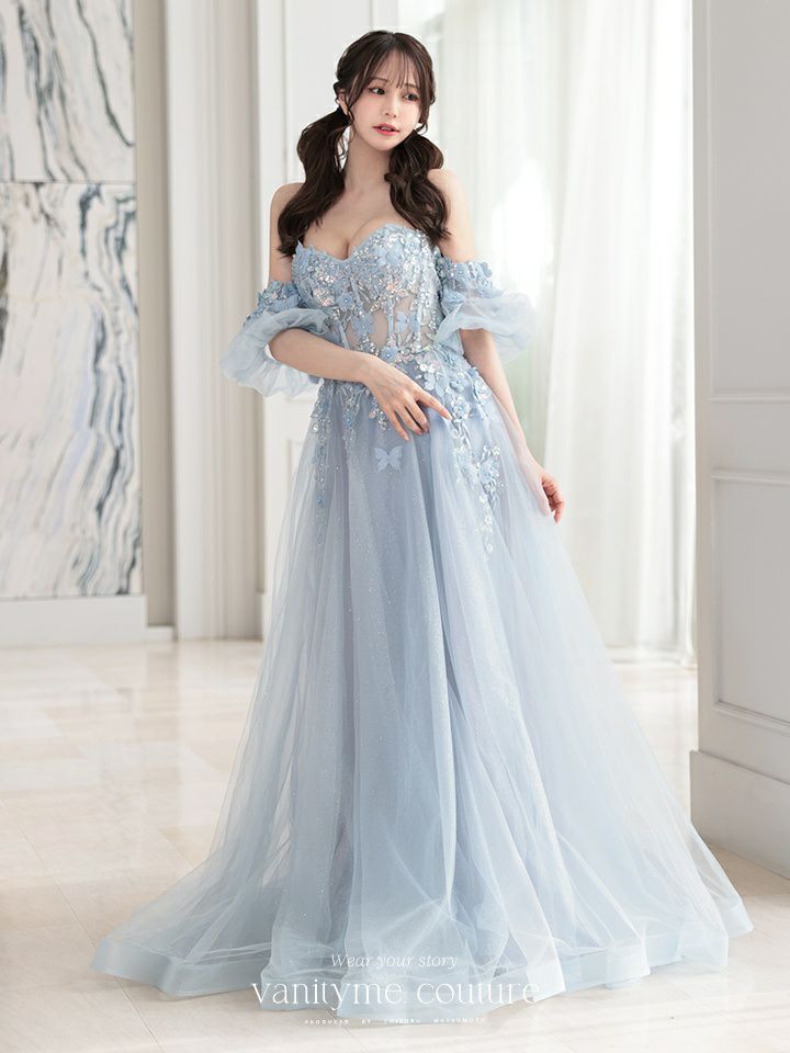 vanityME.couture. バニティミークチュール パフスリーブ フラワー×バタフライモチーフ スパンコール刺繍 プリンセス 姫 ロングドレス バースデードレス パリブルー vctr-l-a1108