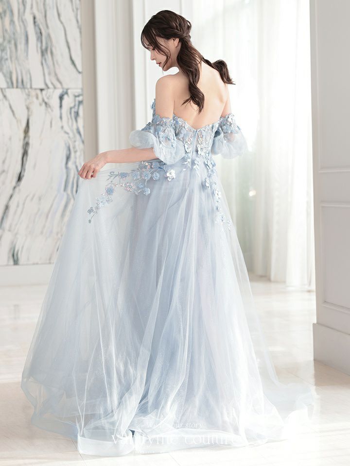 vanityME.couture. バニティミークチュール パフスリーブ フラワー×バタフライモチーフ スパンコール刺繍 プリンセス 姫 ロングドレス バースデードレス パリブルー vctr-l-a1108