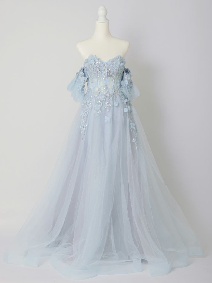 vanityME.couture. バニティミークチュール パフスリーブ フラワー×バタフライモチーフ スパンコール刺繍 プリンセス 姫 ロングドレス バースデードレス パリブルー vctr-l-a1108