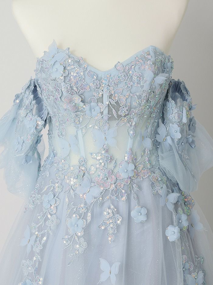 vanityME.couture. バニティミークチュール パフスリーブ フラワー×バタフライモチーフ スパンコール刺繍 プリンセス 姫 ロングドレス バースデードレス パリブルー vctr-l-a1108