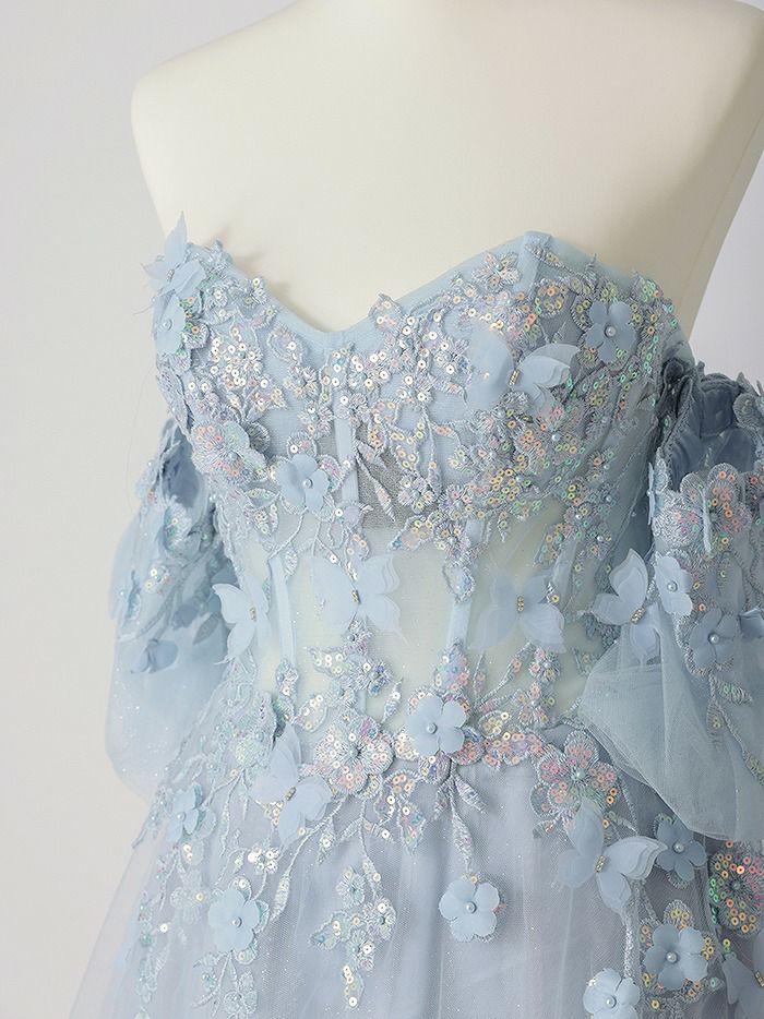 vanityME.couture. バニティミークチュール パフスリーブ フラワー×バタフライモチーフ スパンコール刺繍 プリンセス 姫 ロングドレス バースデードレス パリブルー vctr-l-a1108