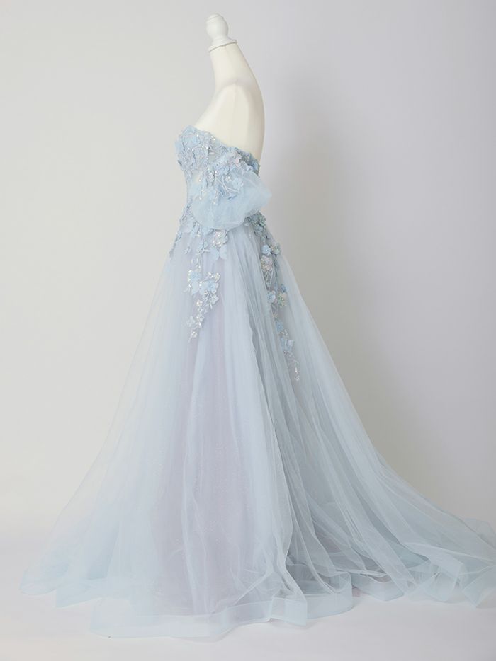 vanityME.couture. バニティミークチュール パフスリーブ フラワー×バタフライモチーフ スパンコール刺繍 プリンセス 姫 ロングドレス バースデードレス パリブルー vctr-l-a1108