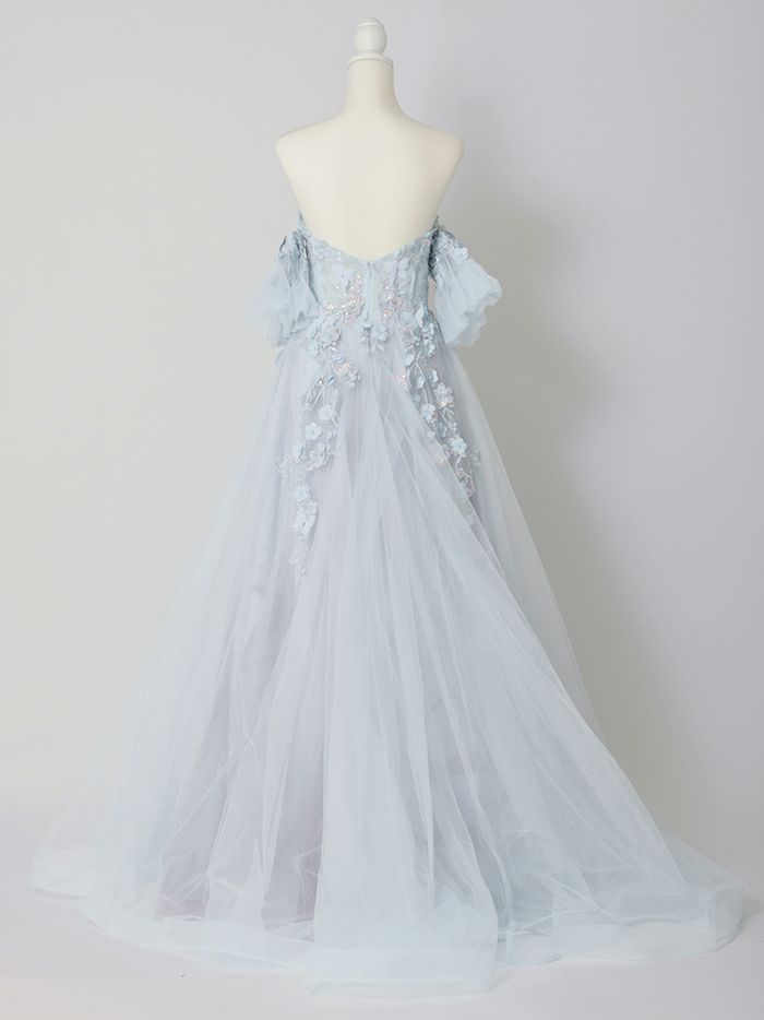 vanityME.couture. バニティミークチュール パフスリーブ フラワー×バタフライモチーフ スパンコール刺繍 プリンセス 姫 ロングドレス バースデードレス パリブルー vctr-l-a1108