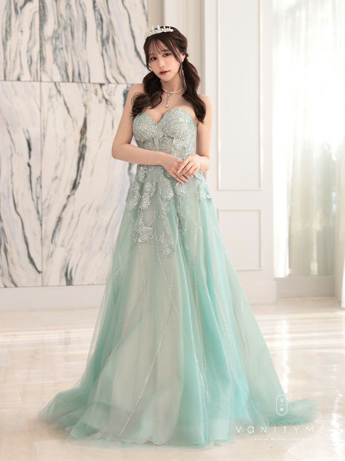 vanityME.couture. バニティミークチュール ベアトップ ビジュー ラインストーン スパンコール刺繍 ラメチュール プリンセス 姫 ロングドレス バースデードレス セージグリーン vctr-l-a1387-1