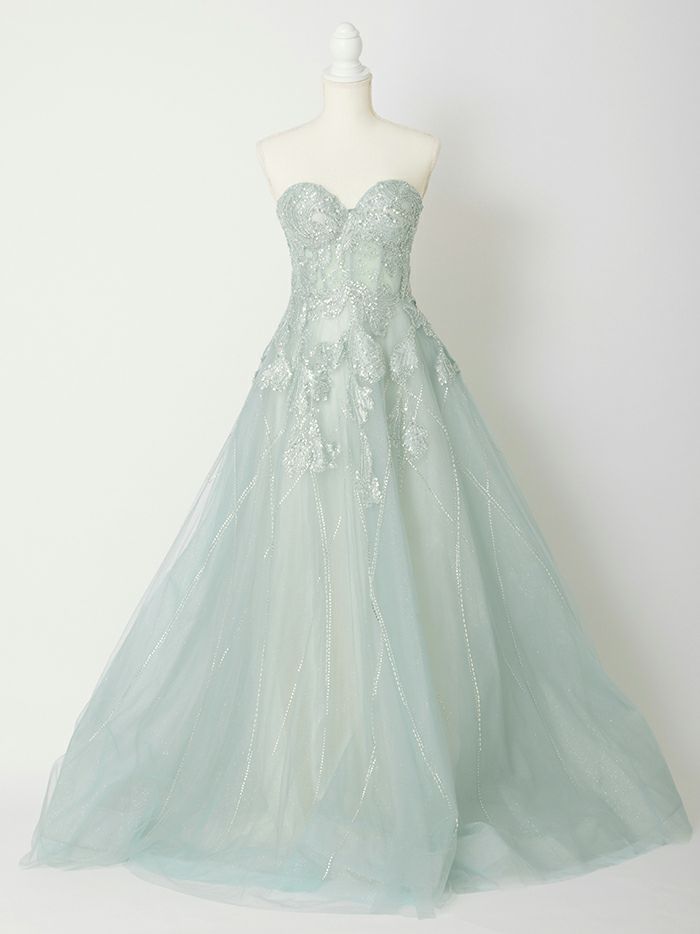 vanityME.couture. バニティミークチュール ベアトップ ビジュー ラインストーン スパンコール刺繍 ラメチュール プリンセス 姫 ロングドレス バースデードレス セージグリーン vctr-l-a1387-1