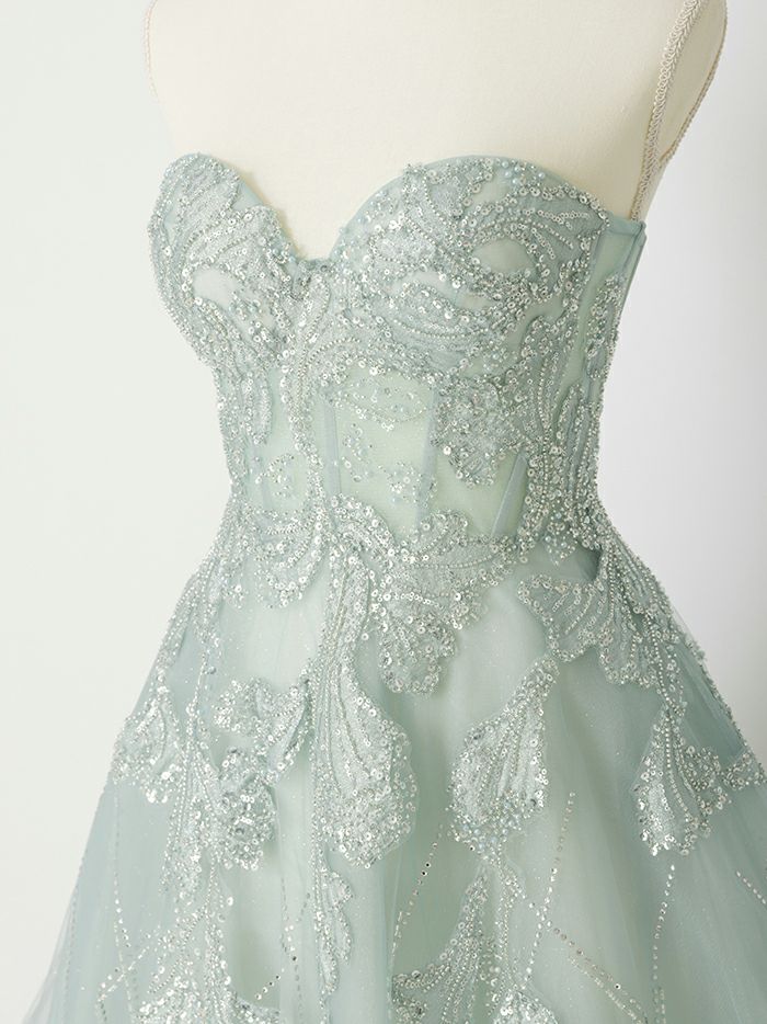 vanityME.couture. バニティミークチュール ベアトップ ビジュー ラインストーン スパンコール刺繍 ラメチュール プリンセス 姫 ロングドレス バースデードレス セージグリーン vctr-l-a1387-1