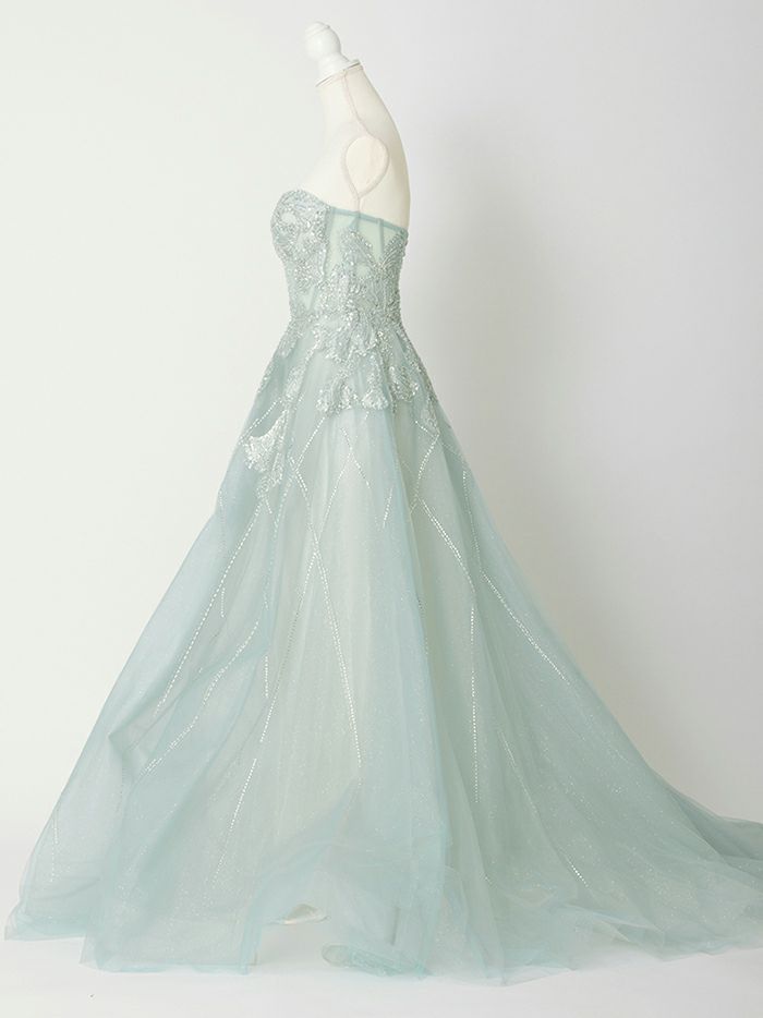 vanityME.couture. バニティミークチュール ベアトップ ビジュー ラインストーン スパンコール刺繍 ラメチュール プリンセス 姫 ロングドレス バースデードレス セージグリーン vctr-l-a1387-1