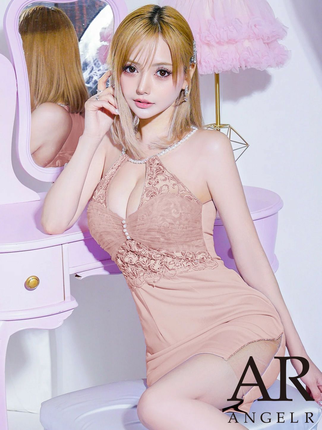 AngelR エンジェルアール ホルターネックパールレースメッシュタイトマイクロミニドレス ar25220-ks