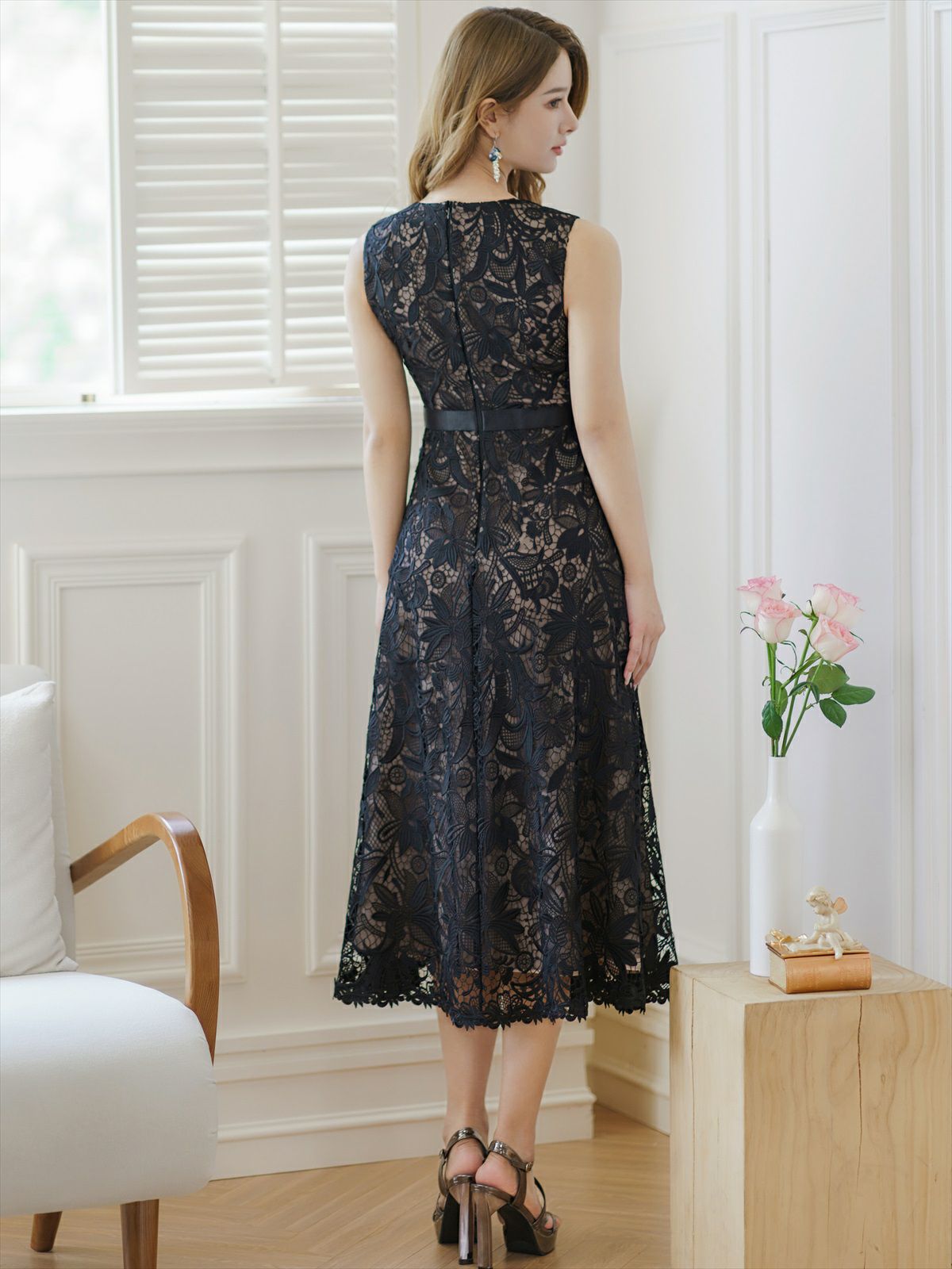 ERUKEI エルケイ 総レース・フラワーレース・ノースリーブ・Aライン・ミディアムドレス・ワンピース ek-c36087