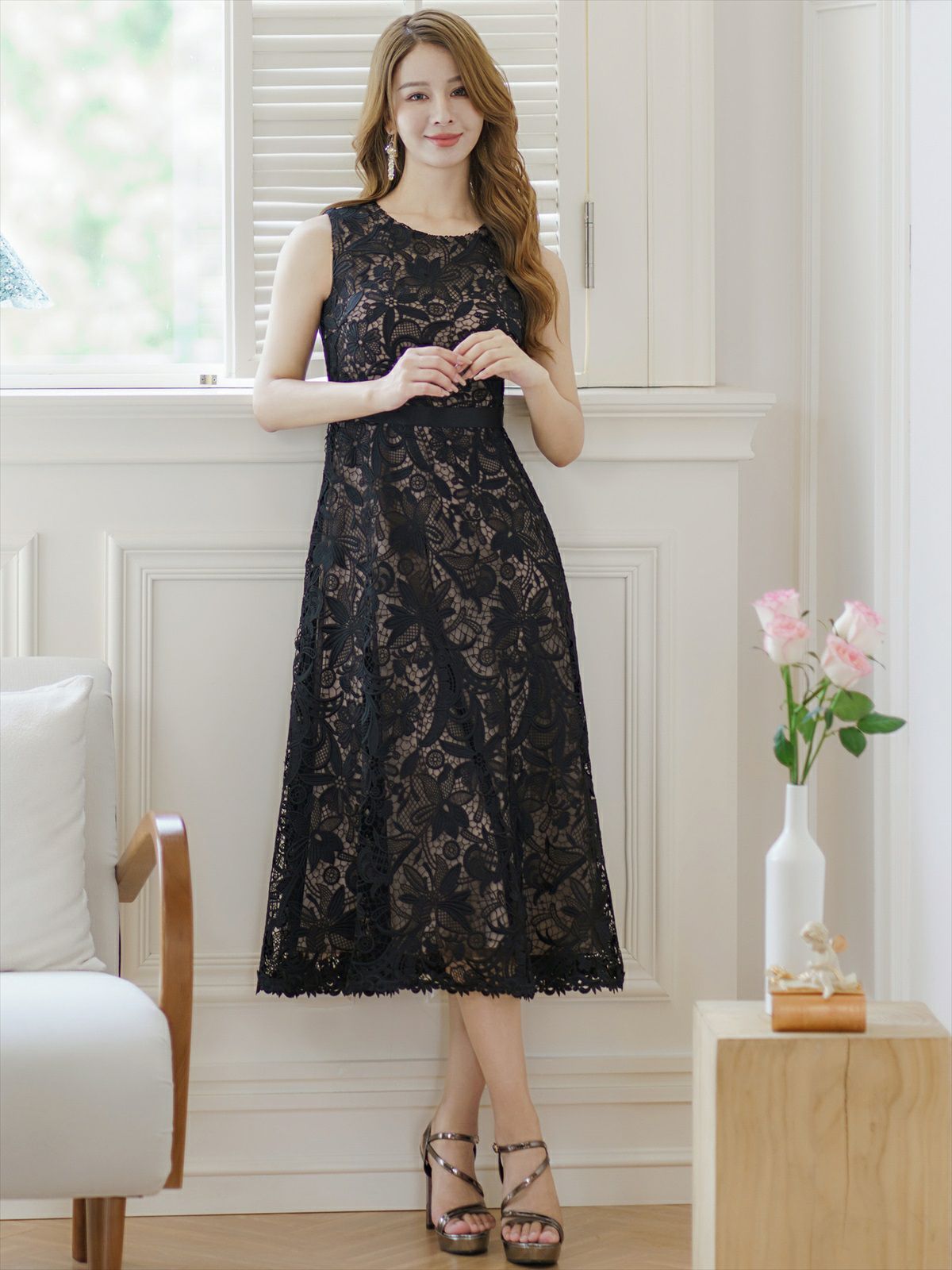 ERUKEI エルケイ 総レース・フラワーレース・ノースリーブ・Aライン・ミディアムドレス・ワンピース ek-c36087