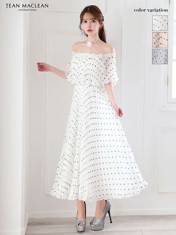 JEAN MACLEAN ジャンマクレーン オフショル/ドット柄/モノトーン/ローズコサージュチョーカー付き/3way/マキシ/フレア/ミディアムドレス ワンピース ja51854