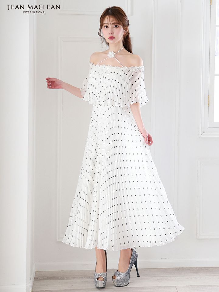 JEAN MACLEAN ジャンマクレーン オフショル/ドット柄/モノトーン/ローズコサージュチョーカー付き/3way/マキシ/フレア/ミディアムドレス ワンピース ja51854