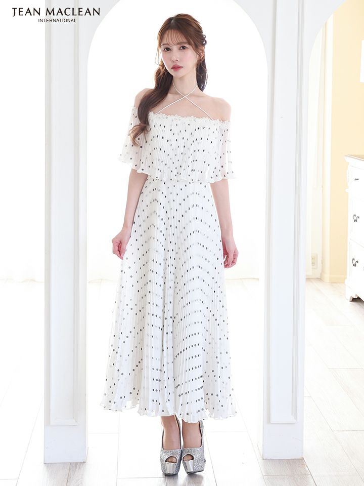JEAN MACLEAN ジャンマクレーン オフショル/ドット柄/モノトーン/ローズコサージュチョーカー付き/3way/マキシ/フレア/ミディアムドレス ワンピース ja51854