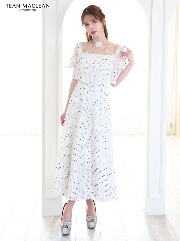 JEAN MACLEAN ジャンマクレーン オフショル/ドット柄/モノトーン/ローズコサージュチョーカー付き/3way/マキシ/フレア/ミディアムドレス ワンピース ja51854