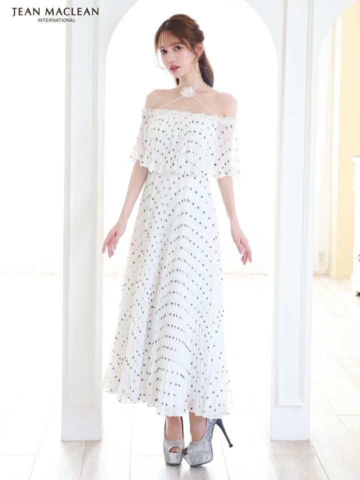 JEAN MACLEAN ジャンマクレーン オフショル/ドット柄/モノトーン/ローズコサージュチョーカー付き/3way/マキシ/フレア/ミディアムドレス ワンピース ja51854