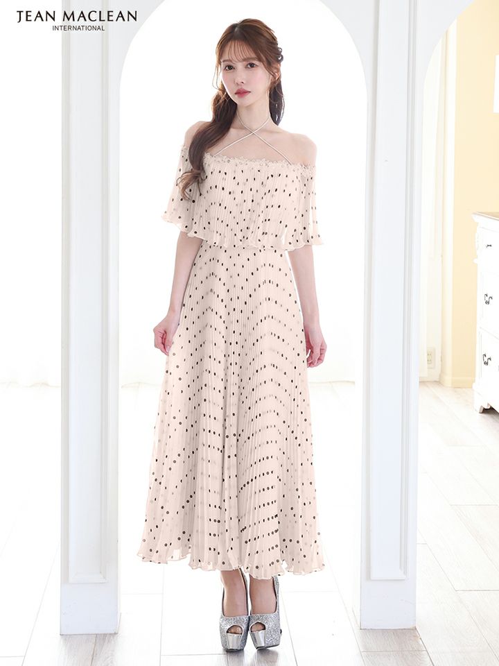 JEAN MACLEAN ジャンマクレーン オフショル/ドット柄/モノトーン/ローズコサージュチョーカー付き/3way/マキシ/フレア/ミディアムドレス ワンピース ja51854