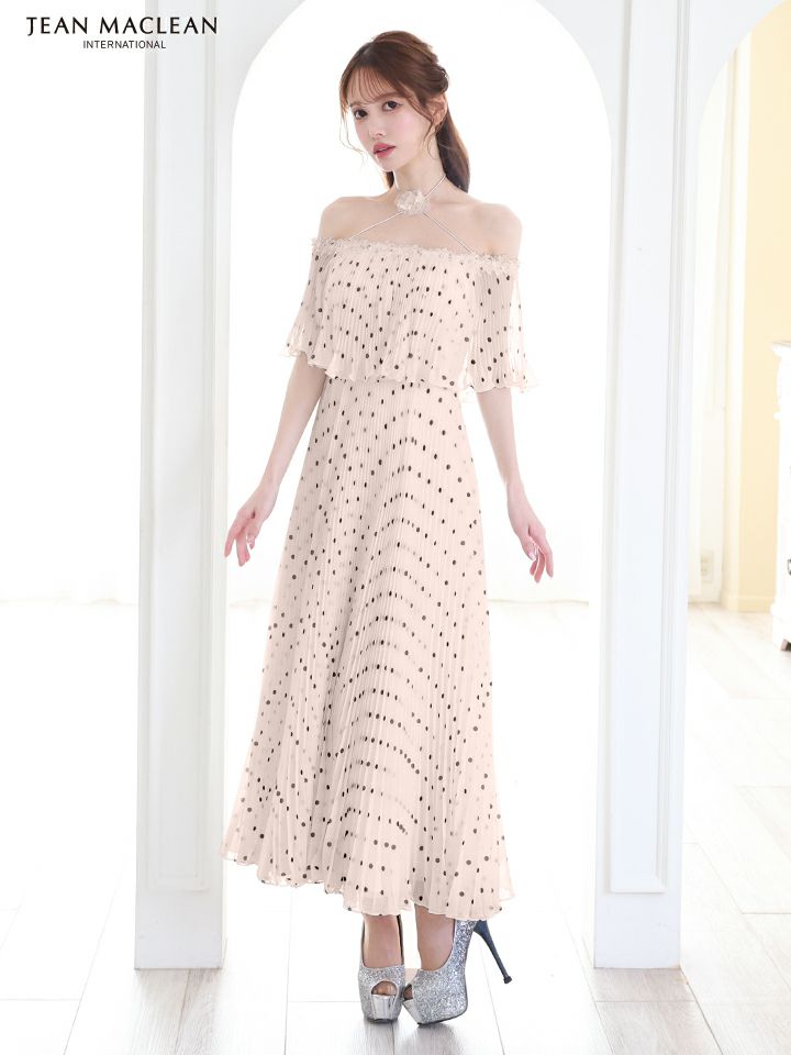 JEAN MACLEAN ジャンマクレーン オフショル/ドット柄/モノトーン/ローズコサージュチョーカー付き/3way/マキシ/フレア/ミディアムドレス ワンピース ja51854