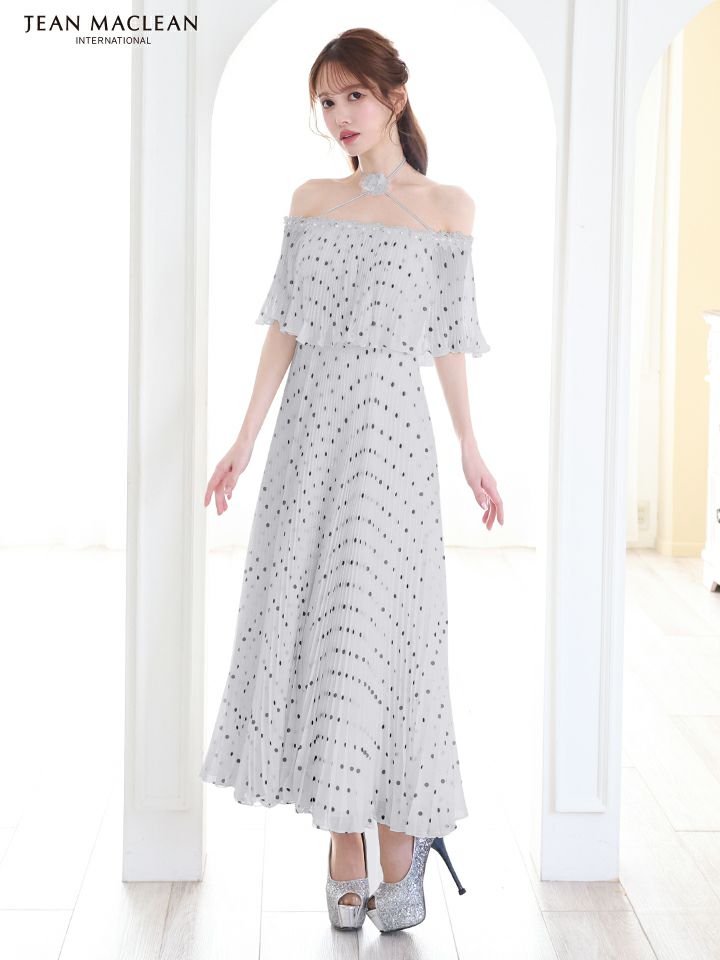 JEAN MACLEAN ジャンマクレーン オフショル/ドット柄/モノトーン/ローズコサージュチョーカー付き/3way/マキシ/フレア/ミディアムドレス ワンピース ja51854