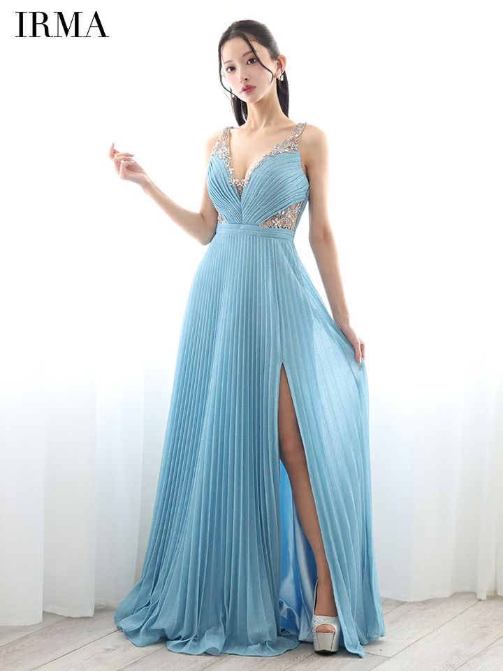 IRMA イルマ ワンカラー/ラメニット/ウエストシアー/ビジュー/スリット入り/プリーツ/ロングドレス ir51858