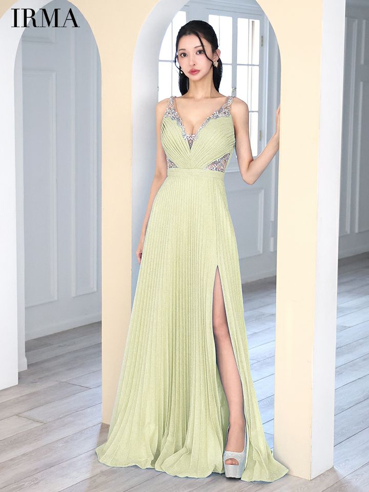 IRMA イルマ ワンカラー/ラメニット/ウエストシアー/ビジュー/スリット入り/プリーツ/ロングドレス ir51858