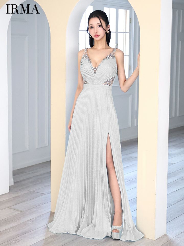 IRMA イルマ ワンカラー/ラメニット/ウエストシアー/ビジュー/スリット入り/プリーツ/ロングドレス ir51858