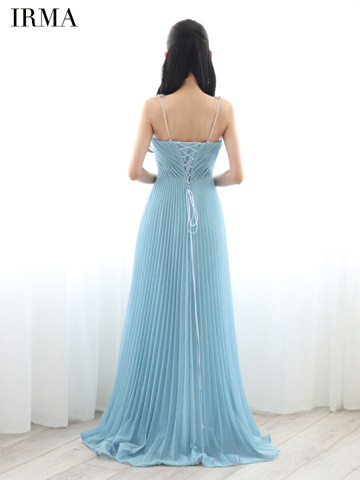 IRMA イルマ ワンカラー/ラメニット/ウエストシアー/ビジュー/スリット入り/プリーツ/ロングドレス ir51858