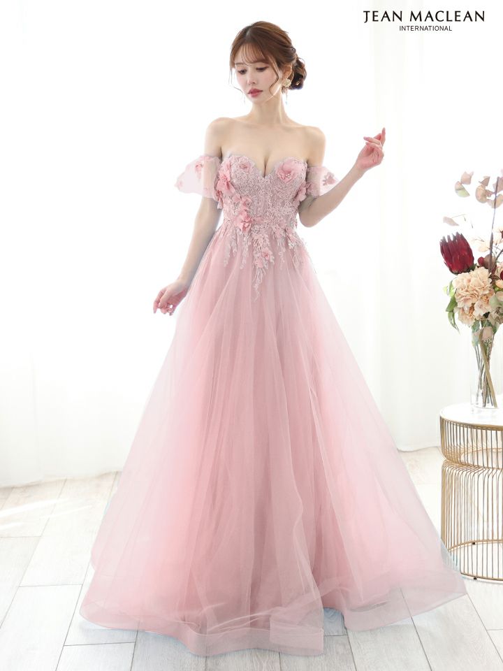 JEAN MACLEAN ジャンマクレーン 立体フラワーモチーフ/ビジュー刺繍/パフスリーブ付き/姫/ロングドレス ja51865