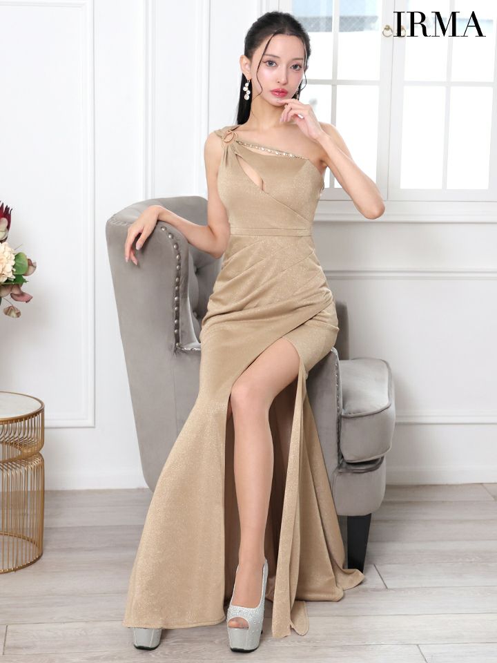 IRMA イルマ ワンカラー/バストカット/デコルテビジューチェーン/ワンショル/スリット入り/タイト ロングドレス ir55054-c