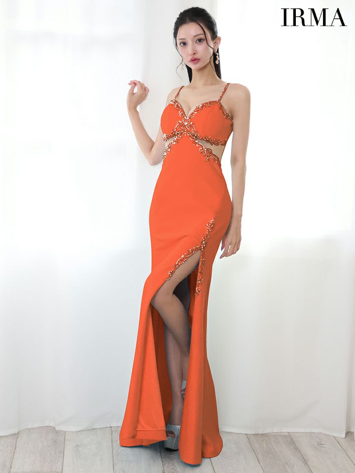 IRMA イルマ ワンカラー/フラワーモチーフビジュー/カットアウト/スリット入り/タイトロングドレス ir51817-c