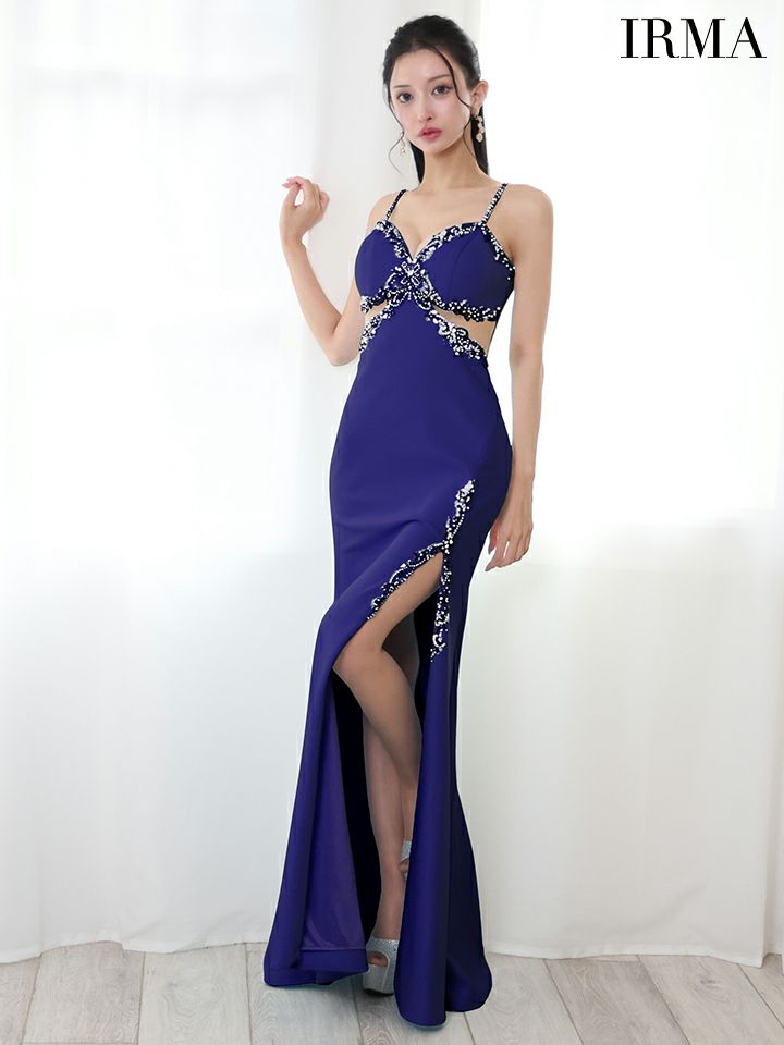 IRMA イルマ ワンカラー/フラワーモチーフビジュー/カットアウト/スリット入り/タイトロングドレス ir51817-c