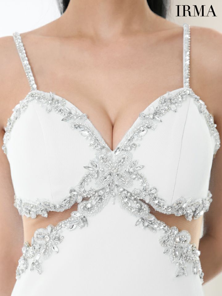 IRMA イルマ ワンカラー/フラワーモチーフビジュー/カットアウト/スリット入り/タイトロングドレス ir51817-c