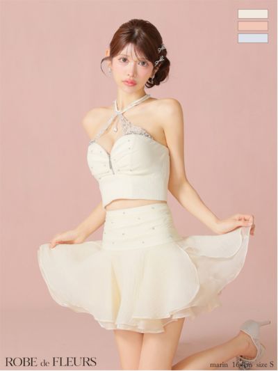 ROBE de FLEURS ローブドフルール ビジューホルターシフォンフレアミニ 