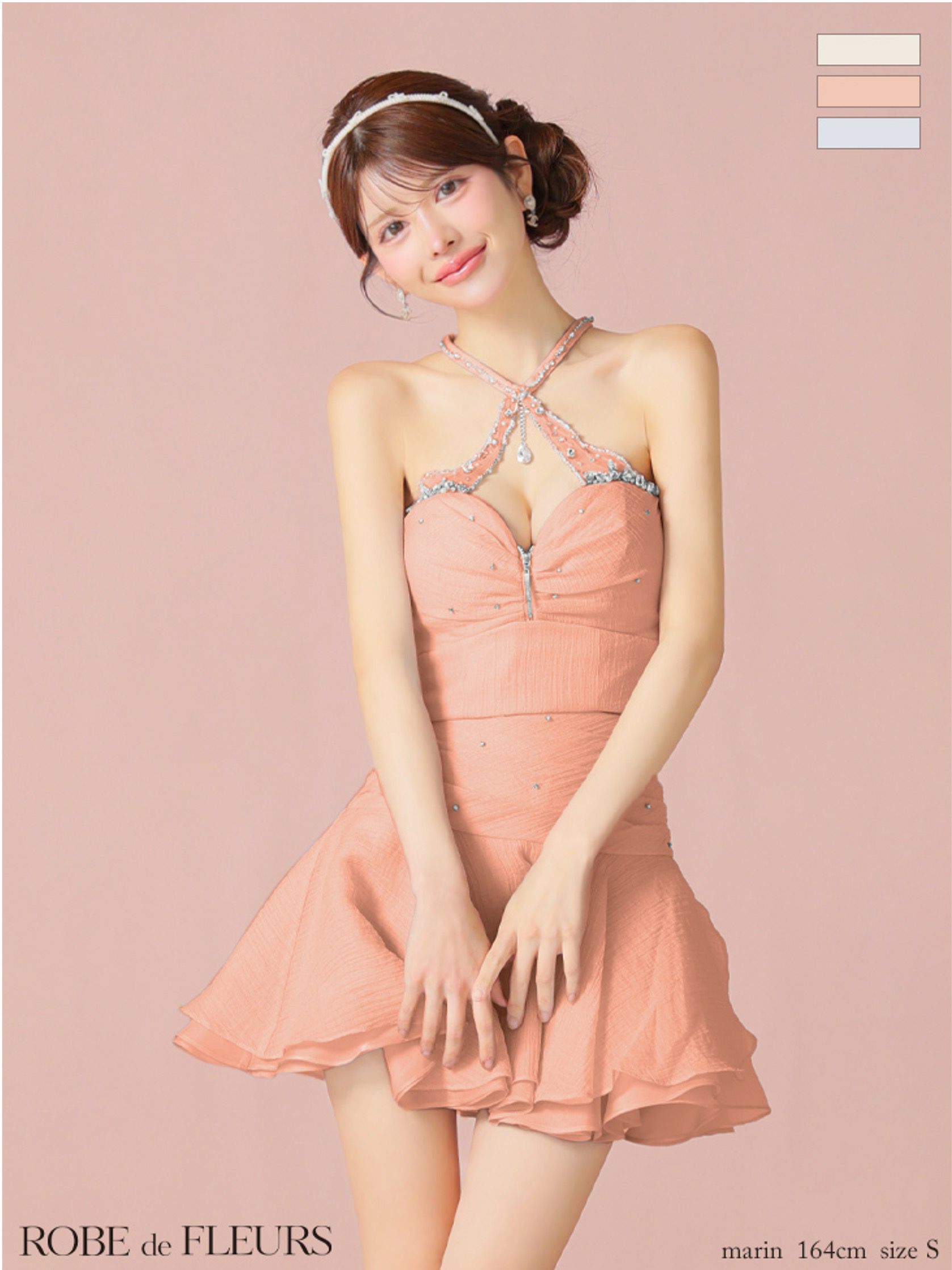 ROBE de FLEURS ローブドフルール ビジューホルターシフォンフレアミニキャバドレス fm4103-c
