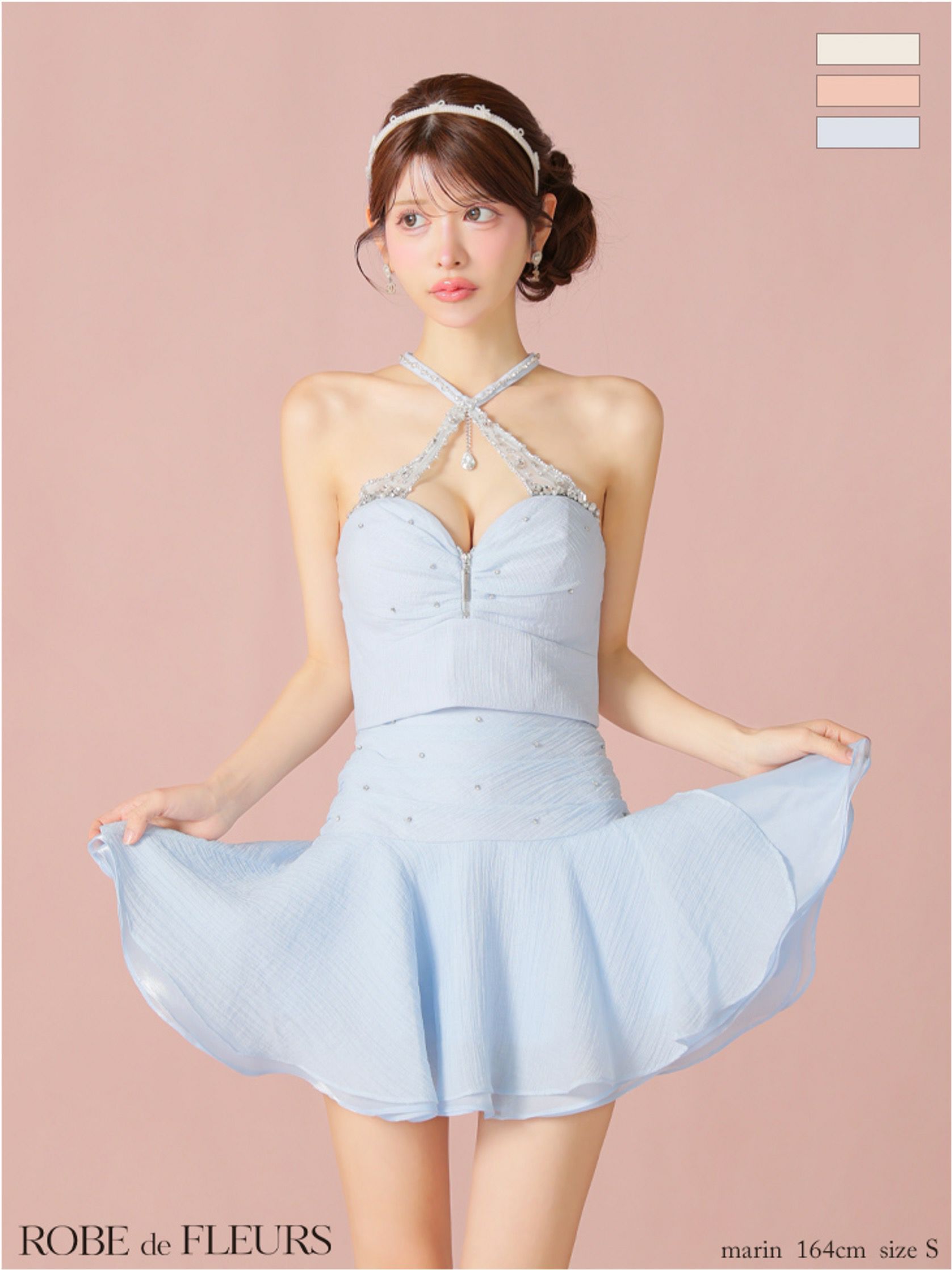 ROBE de FLEURS ローブドフルール ビジューホルターシフォンフレアミニキャバドレス fm4103-c