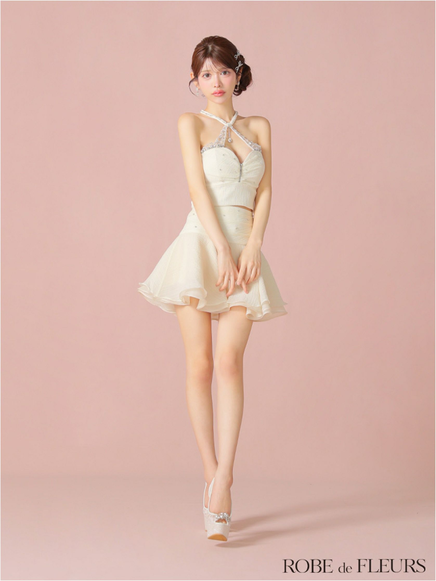 ROBE de FLEURS ローブドフルール ビジューホルターシフォンフレアミニキャバドレス fm4103-c