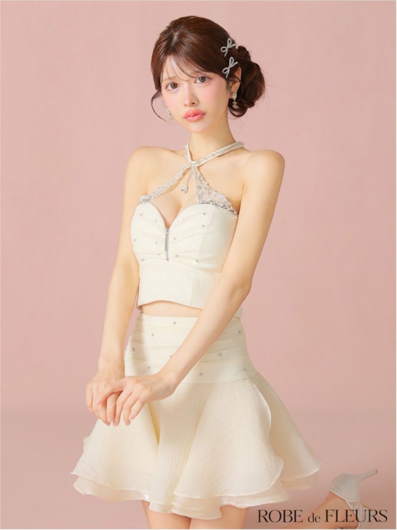 ROBE de FLEURS ローブドフルール ビジューホルターシフォンフレアミニキャバドレス fm4103-c