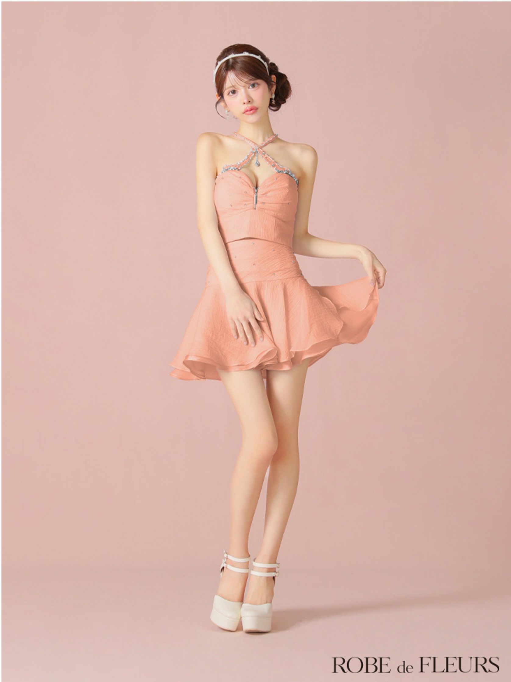 ROBE de FLEURS ローブドフルール ビジューホルターシフォンフレアミニキャバドレス fm4103-c